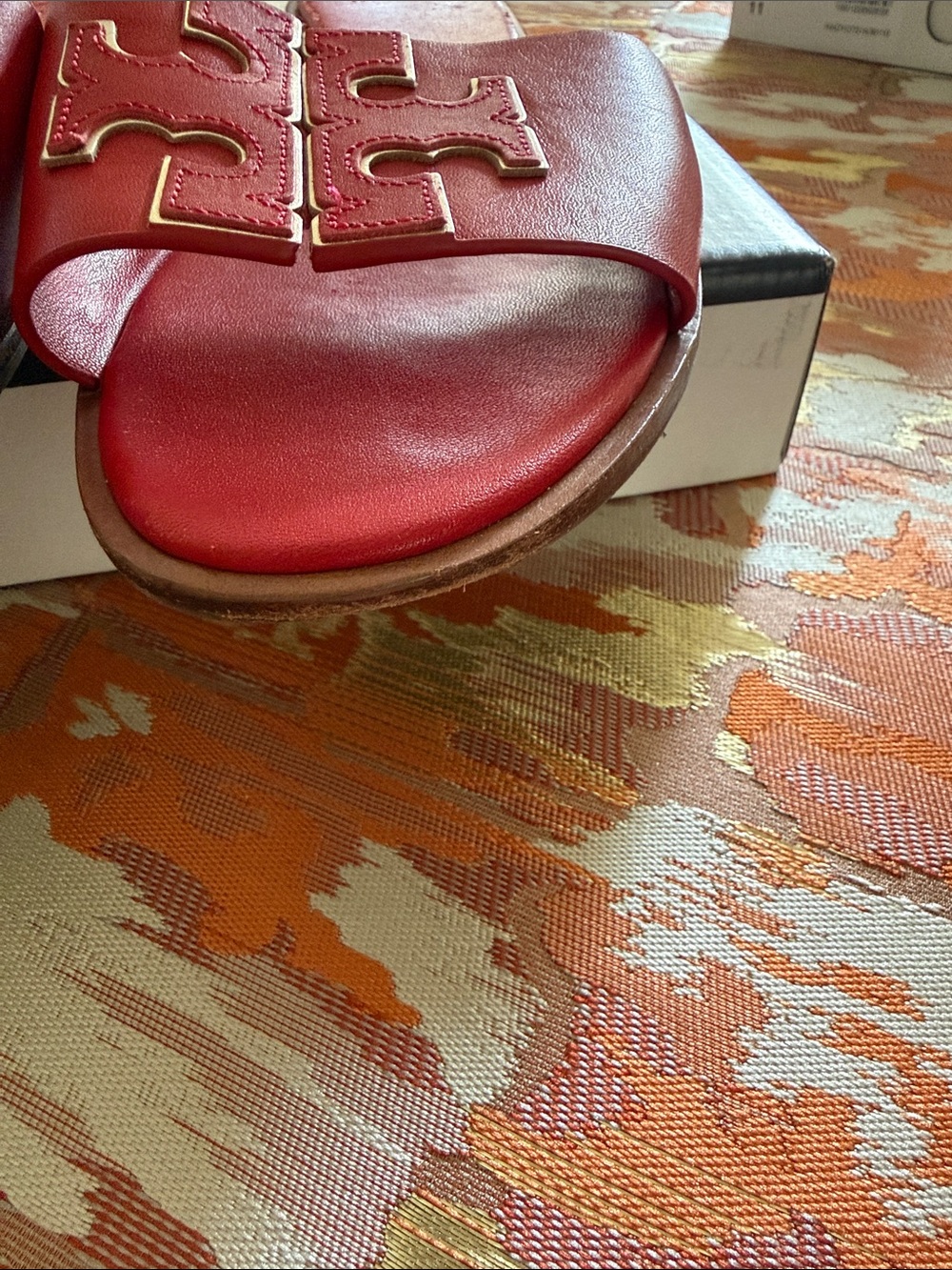 Tory Burch Red/Gold Double T leather slides - Picture 4 of 16